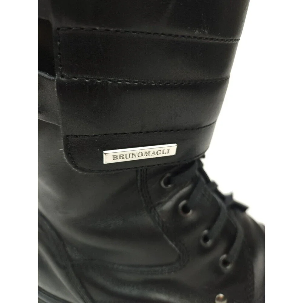 Bruno Magli Combat Motorcycle Black Boots Size 10 Black Leather High Buckle Tie